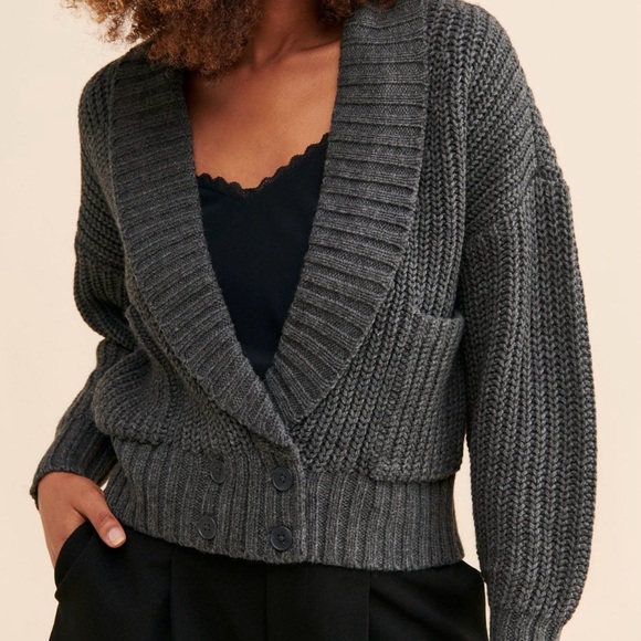 Anthropologie Sweaters - Anthropologie Deep-V Chunky Knit Cardigan Charcoal Gray Sweater XSP Petite